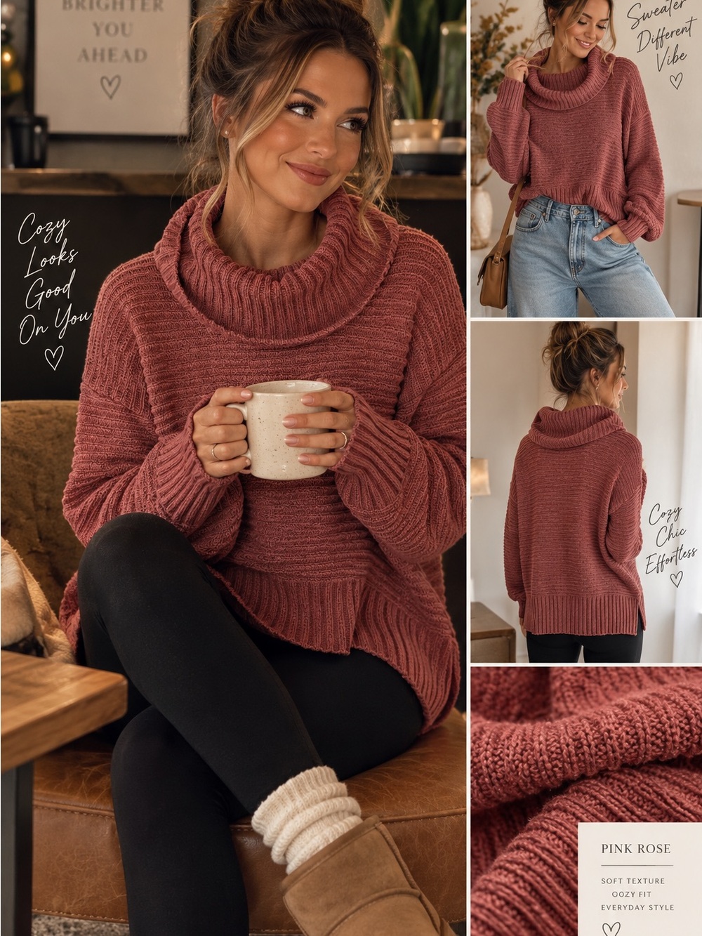 Pink Rose Dusty Rose Cowl Neck Knit Sweater